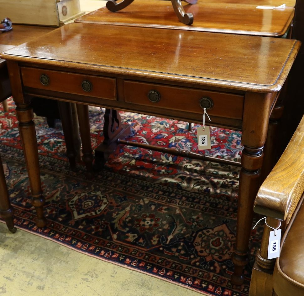 A Victorian mahogany two drawer side table, width 90cm, depth 43cm, height 73cm